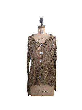 Pure Handknit Crochet Cardigan Sweater Brown M L